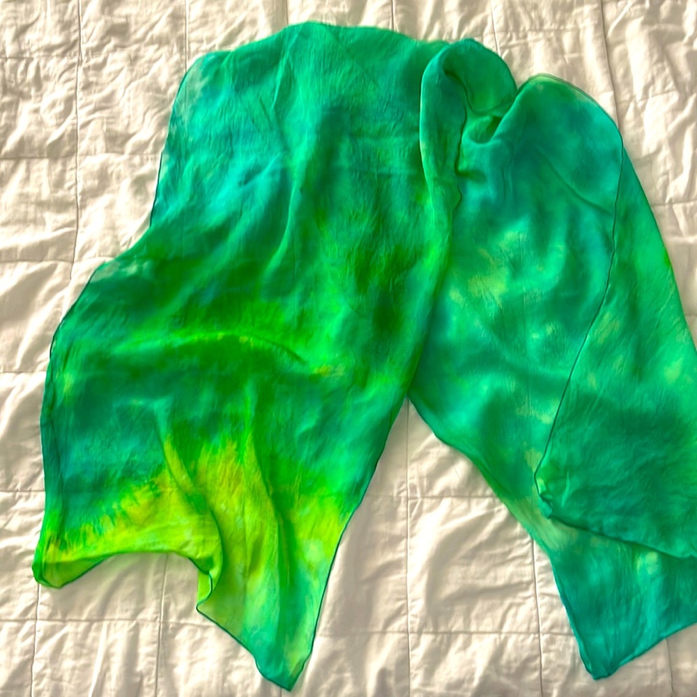 Green/yellow silk scarf 60”x16”